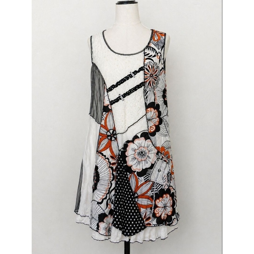 Vintage Concept Patchwork Dress Large Black White Orange Boho Y2K Cottagecore
